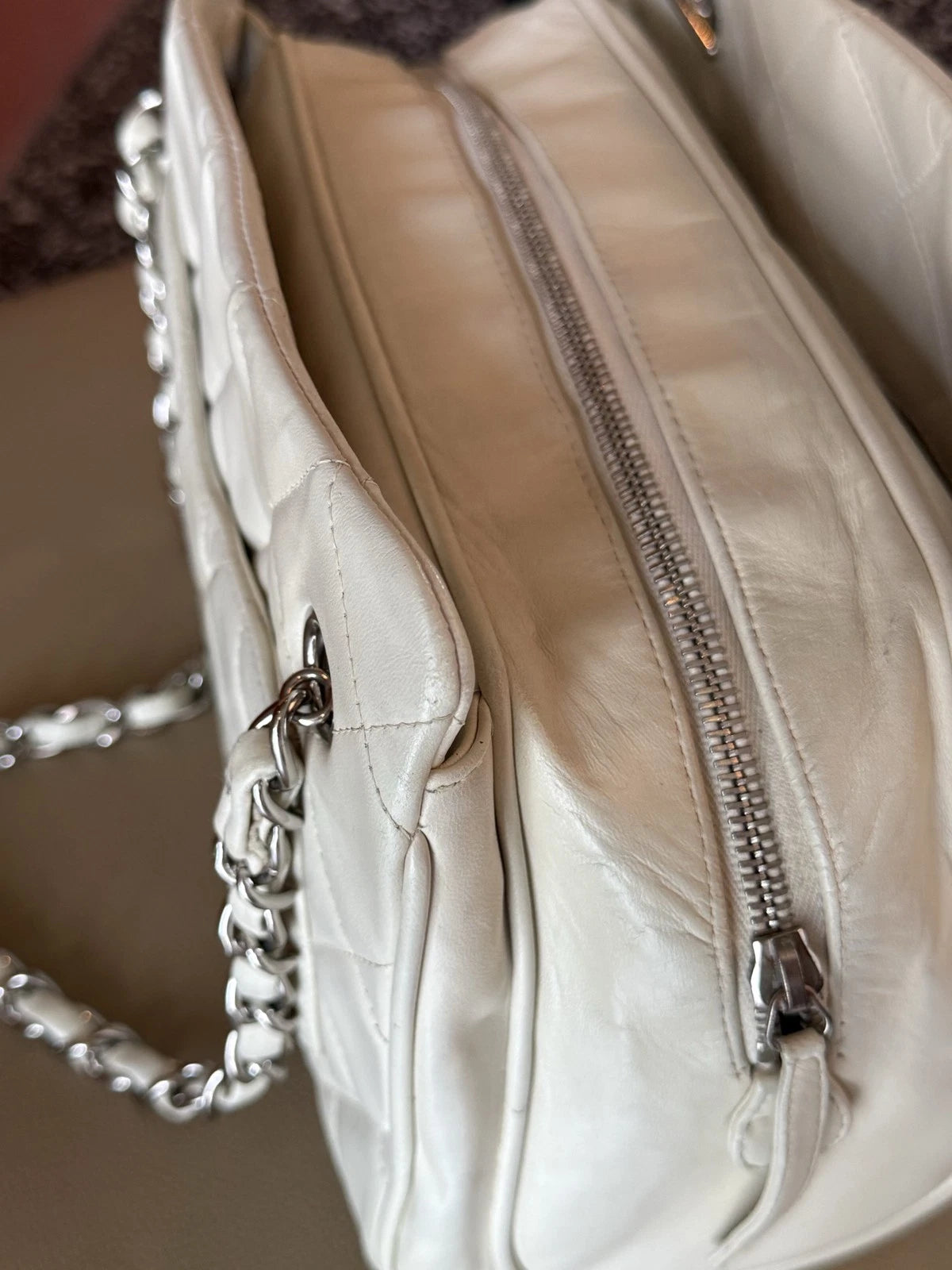 Authentic Chanel Bowling Lambskin Chain Shoulder Bag White Silver Hardware
