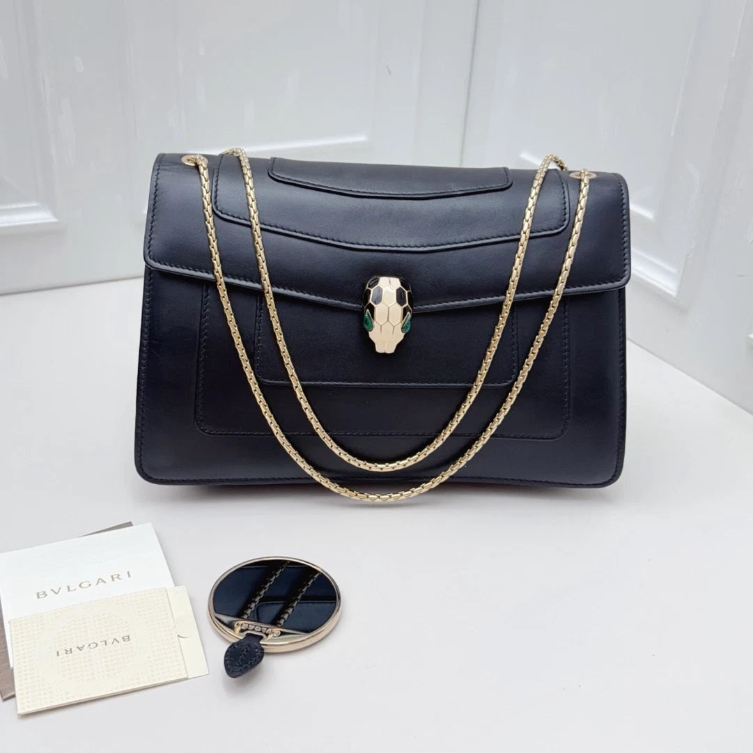 BVLGARI Serpenti Black Calf Leather Shoulder Bag Women Fashion