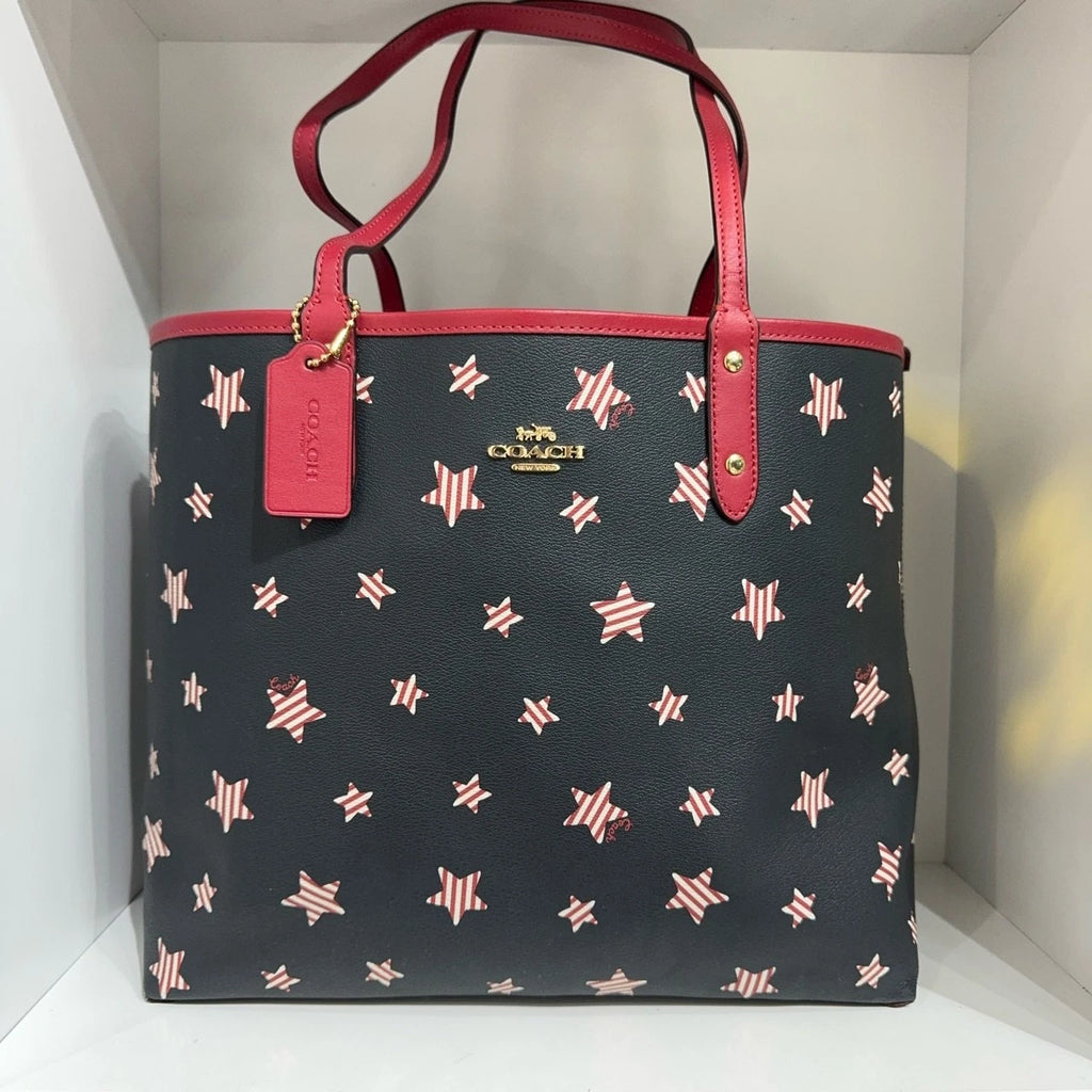 Coach City 33 Reversible Star Print Leather Tote Shoulder Bag Women Navy