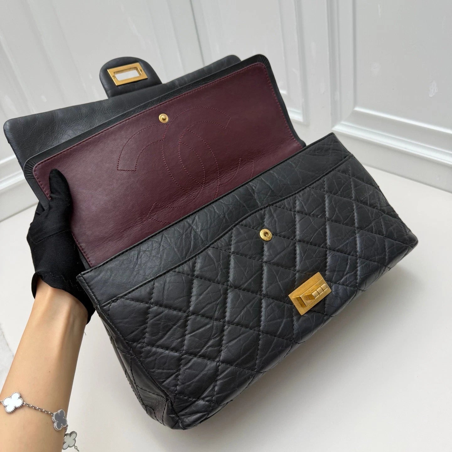 Chanel 2.55 Chain Shoulder Bag Crossbody Black Gold Diamond Women Classic