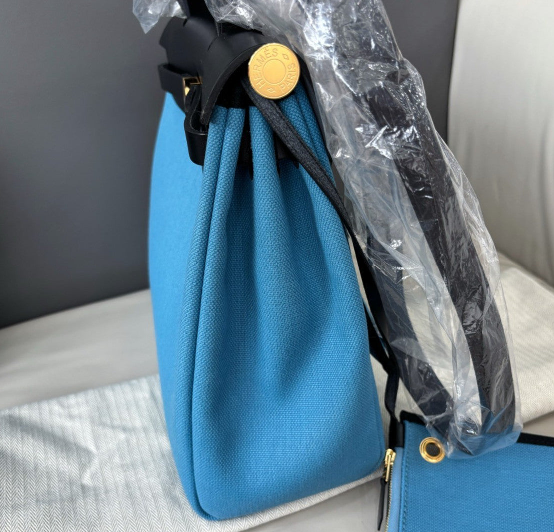Hermes Herbag31 Top Handle Shoulder Bag Crossbody Blue Black Gold Women Classic