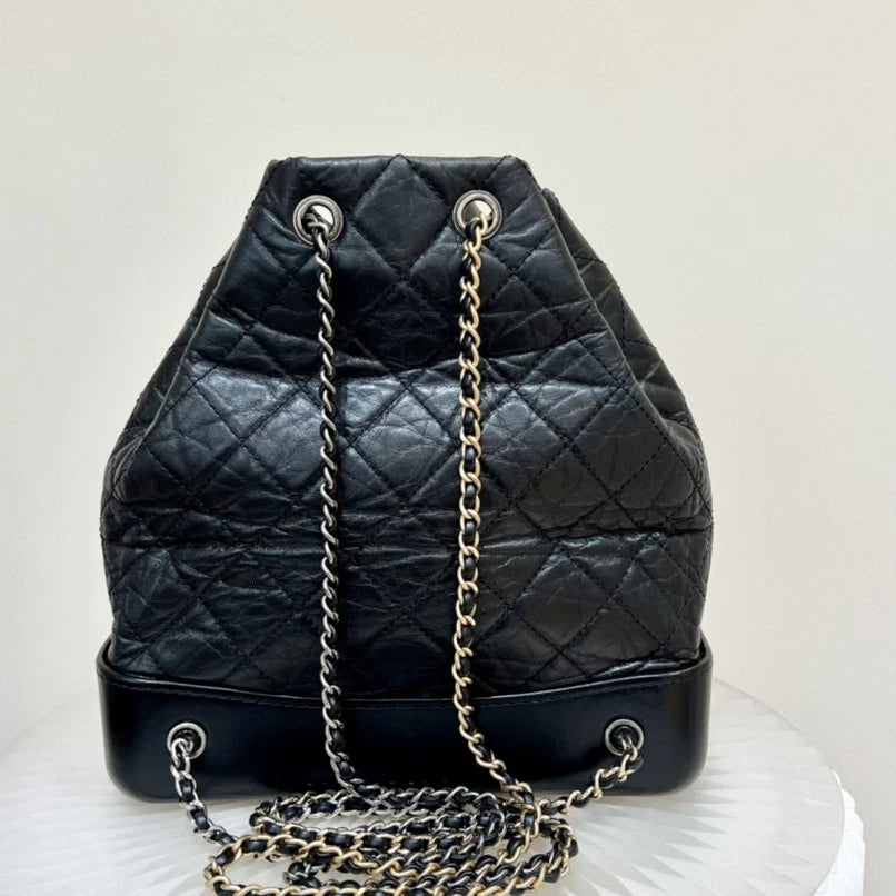 Chanel Gabrielle Chain Backpack Black Gold Diamond Women Classic