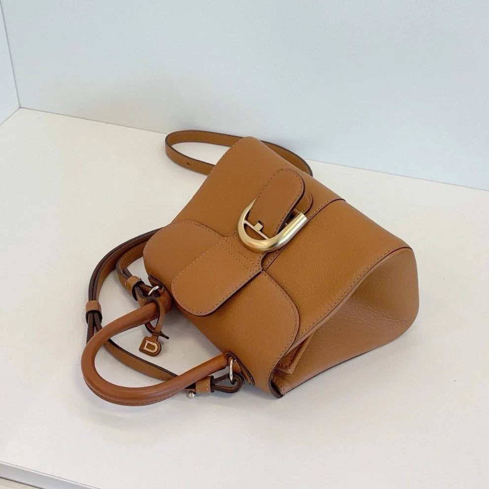 Delvaux Brillant Calfskin PM Top Handle Crossbody Brown Gold Women Classic