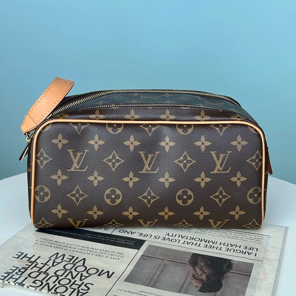 Louis Vuitton Dopp Kit Monogram Clutch Brown Gold Women Classic