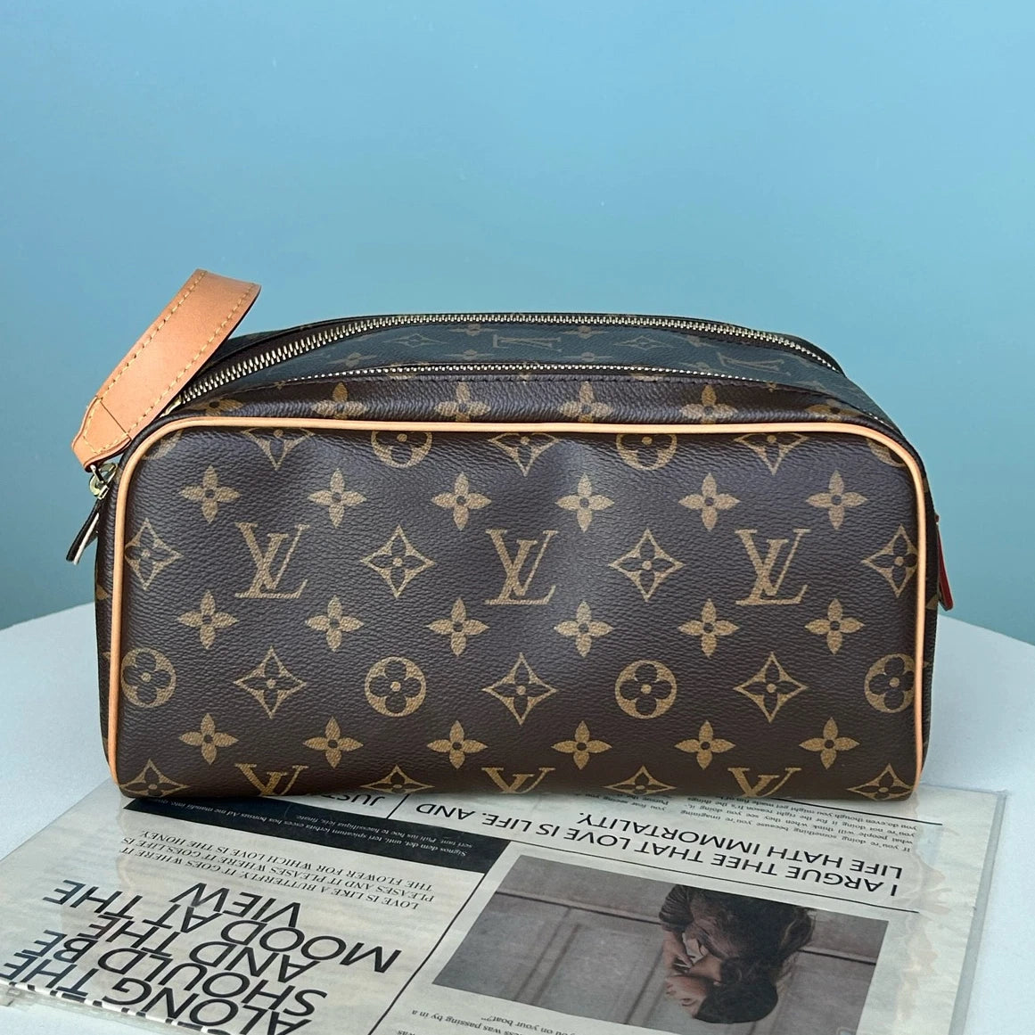Louis Vuitton Dopp Kit Monogram Clutch Brown Gold Women Classic