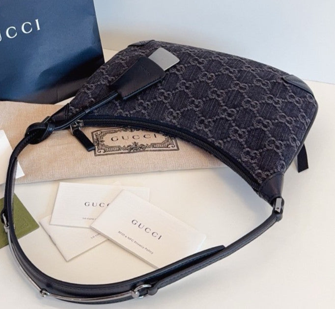 GUCCI Horsebit Slim Denim Black Monogram Shoulder Handbag  Women