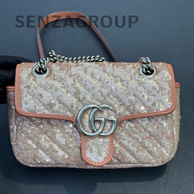 Gucci Marmont 22 Orange Sequin Chain Shoulder Bag Silver Hardware