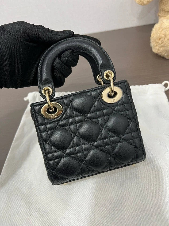 Dior Black Gold Mini Lady Dior Top Handle Bag For Women