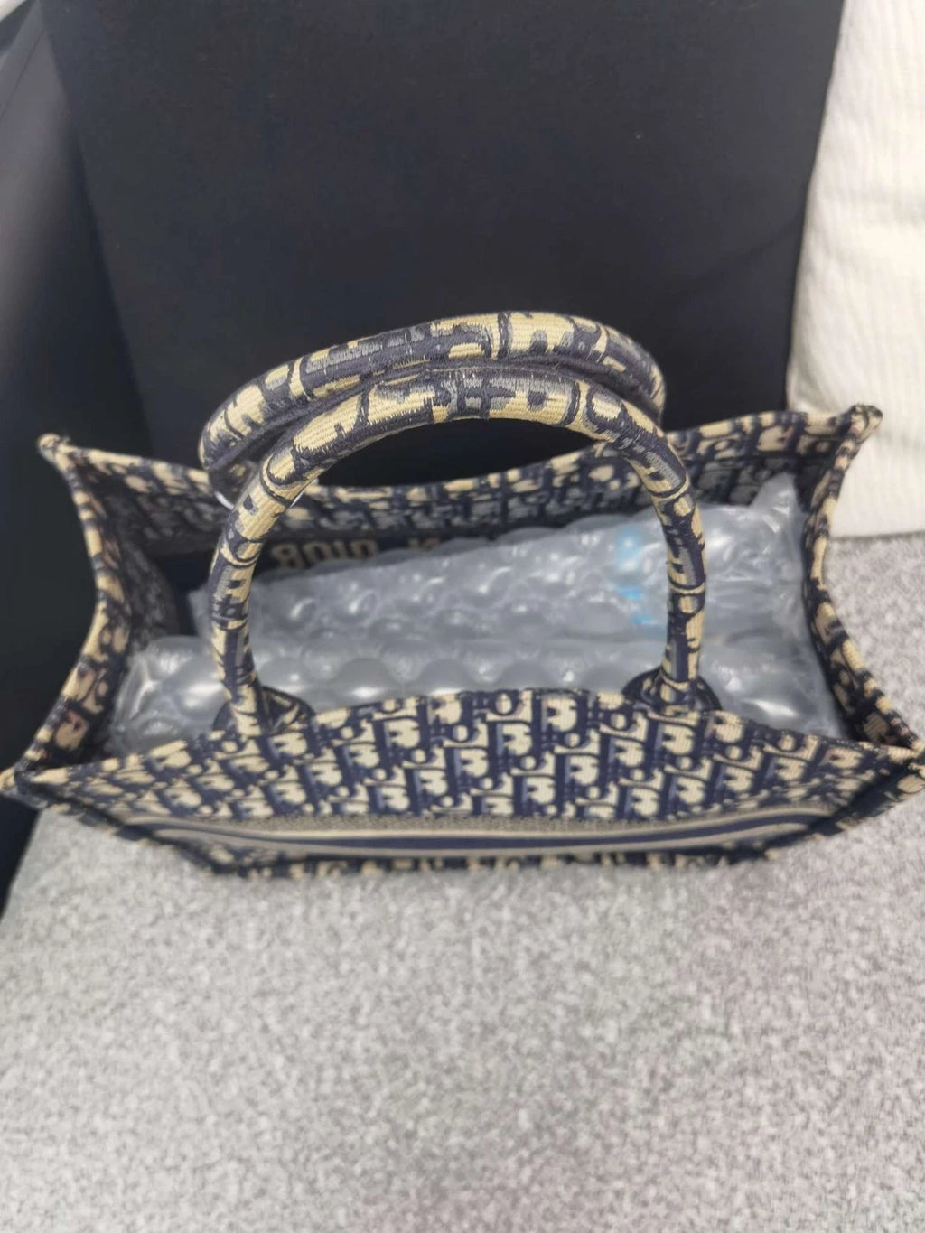 Authentic Dior Blue Denim Oblique Print Medium Tote Handbag For Women