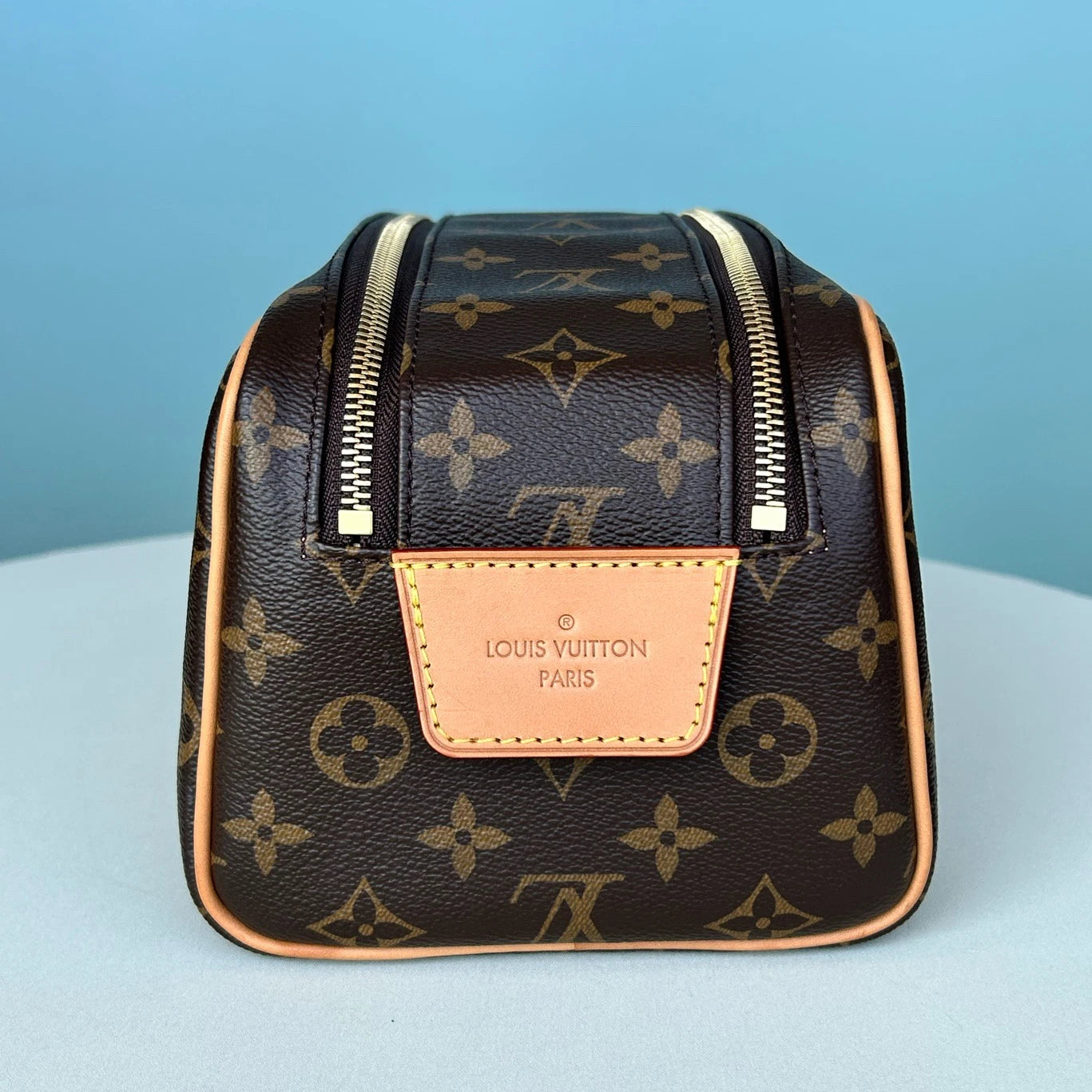 Louis Vuitton Dopp Kit Monogram Clutch Brown Gold Women Classic