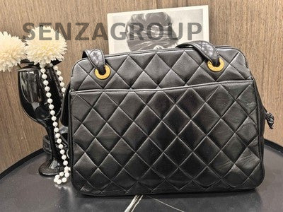 Vintage Chanel Black Gold Lambskin Quilted Shoulder Bag Classic Women