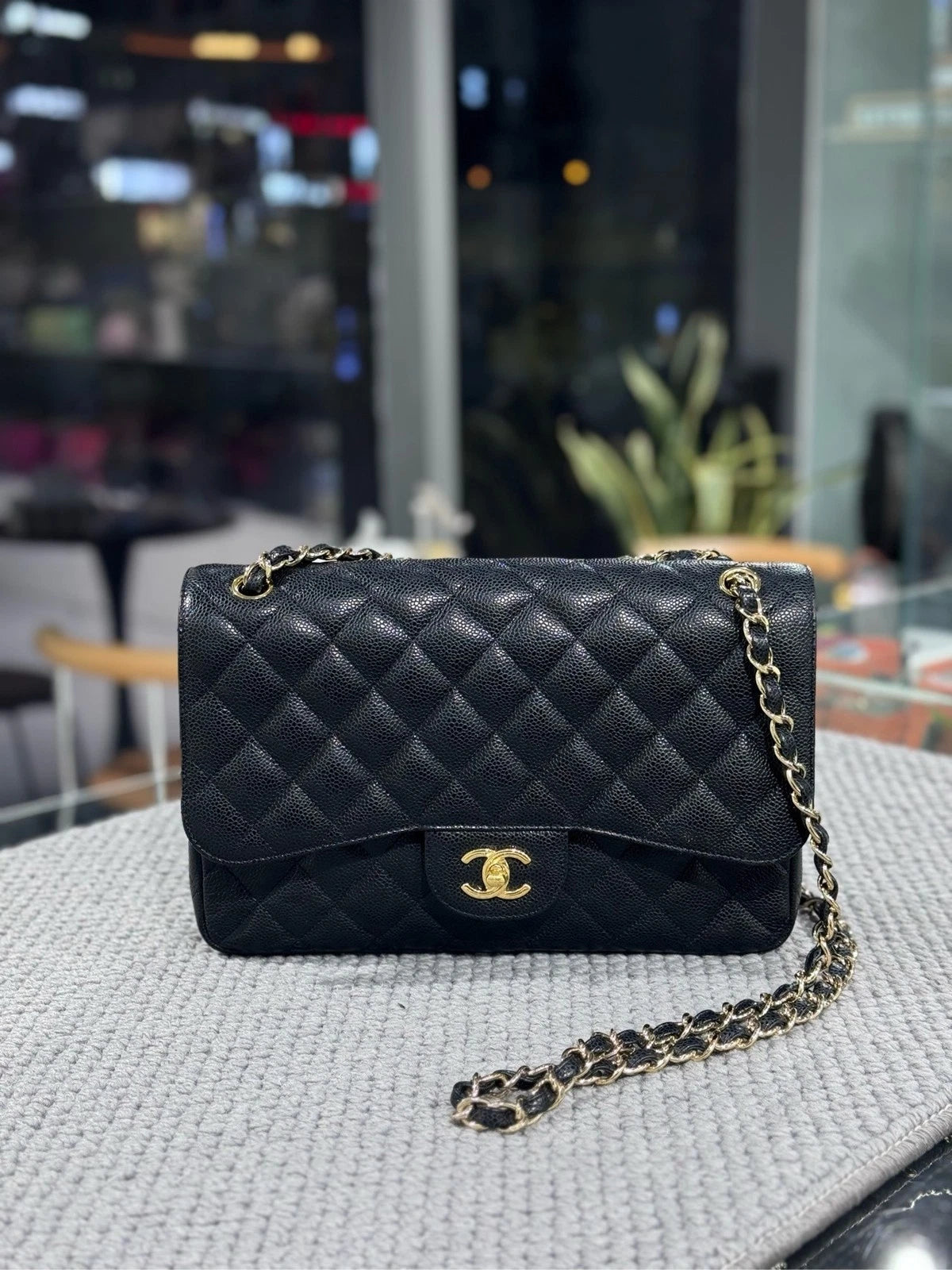 CHANEL CF Jumbo Black Leather Shoulder Bag For Women Pre-owned