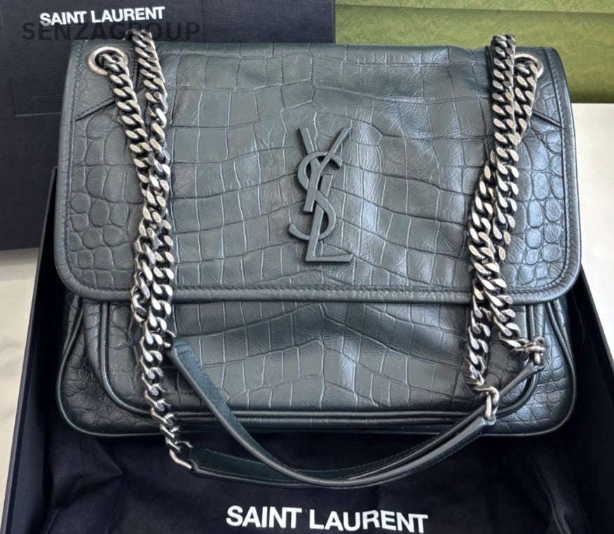 YSL Saint Laurent Niki MM Alligator pattern Chain Shoulder bag Women Dark Green