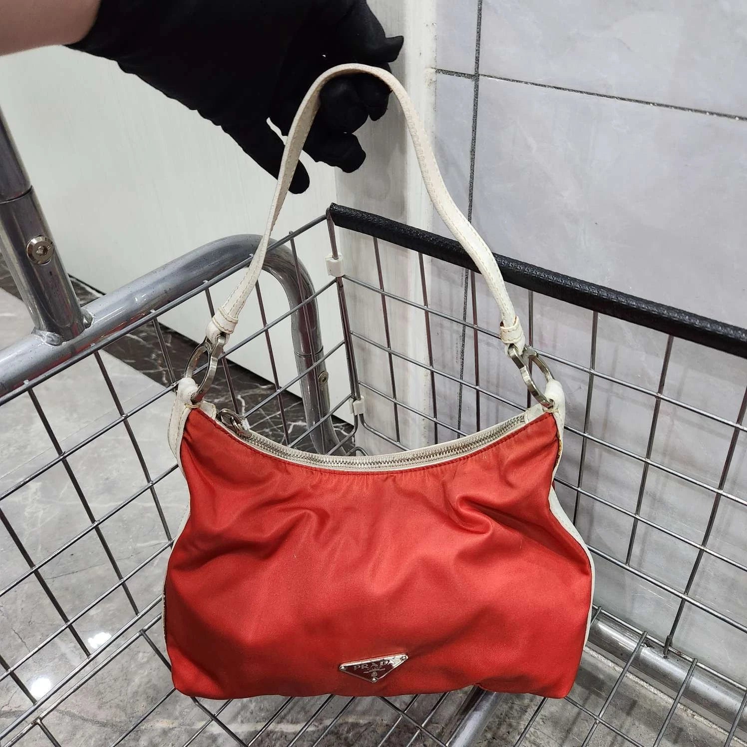 Prada Vintage Nylon Leather Colorblock Shoulder Handbag For Women