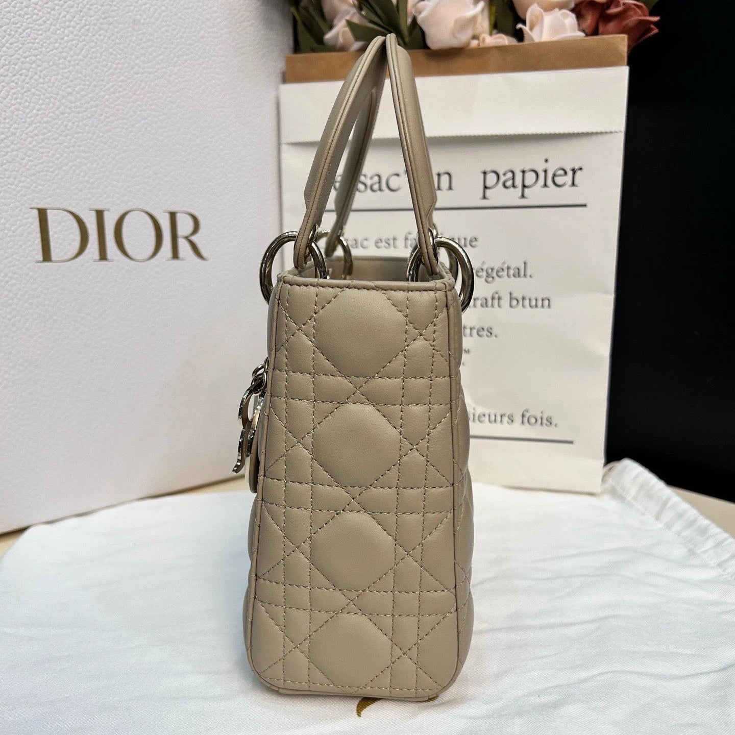 Dior Lady Dior Lambskin Beige Crossbody Handbag Excellent