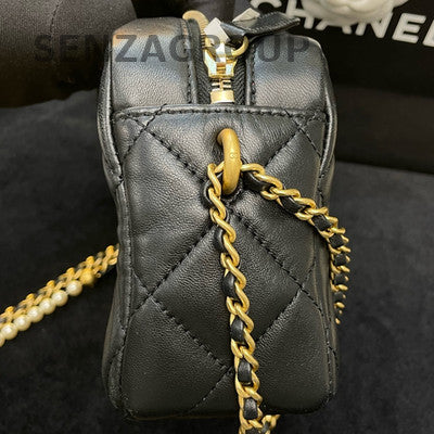 Chanel 21K Black Gold Quilted Camera Bag with Pearl Chain Strap