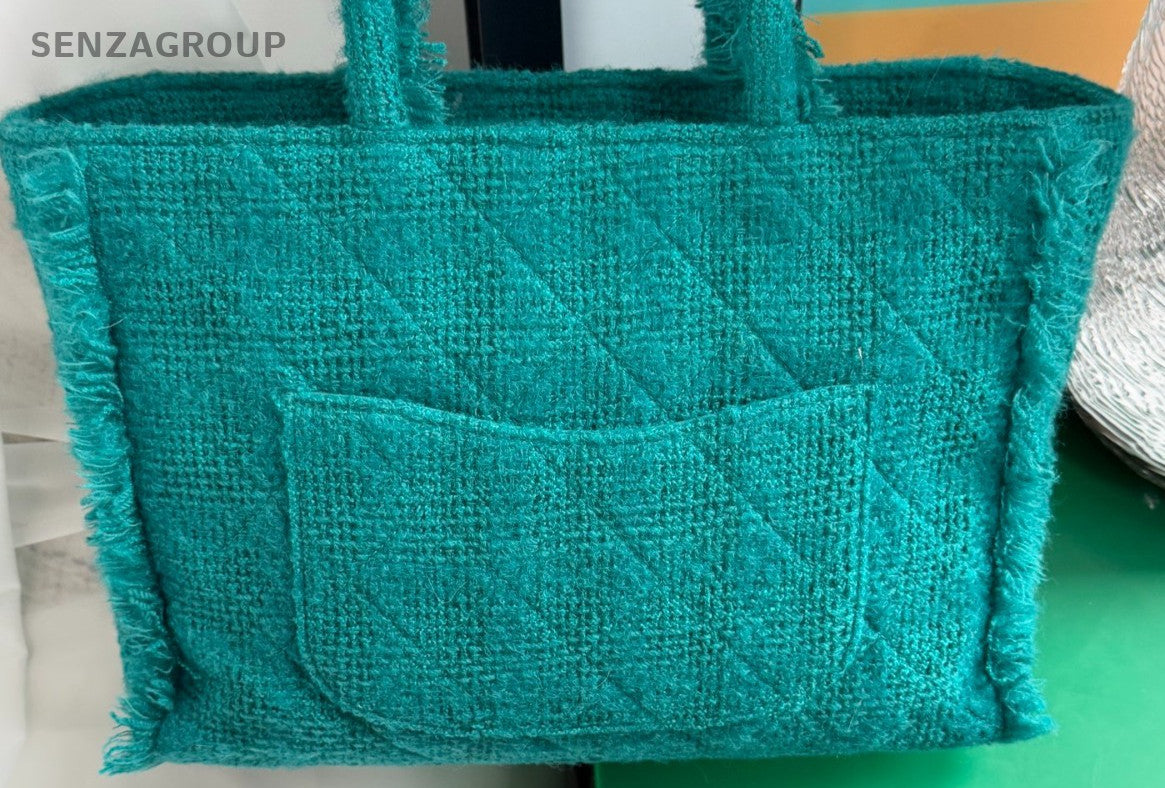 Chanel Tweed Tote Fringe Top Handle Bag Green Used Women Classic Large Logo