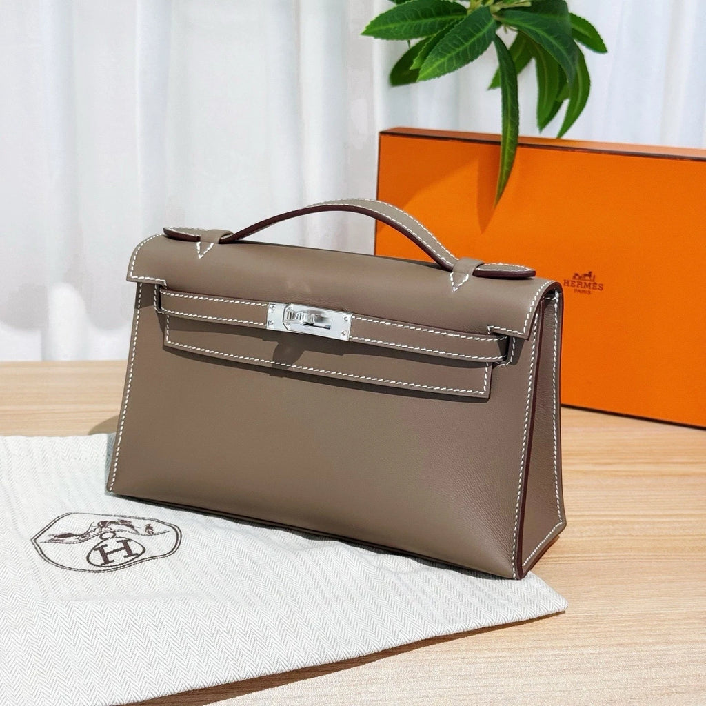 Hermes Minikelly Swift Leather Gray Silver Hardware Handbag For Women