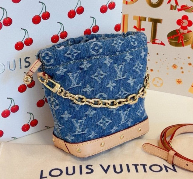 Louis Vuitton Nano Noe Denim Monogram Chain Shoulder Crossbody Blue Gold Women