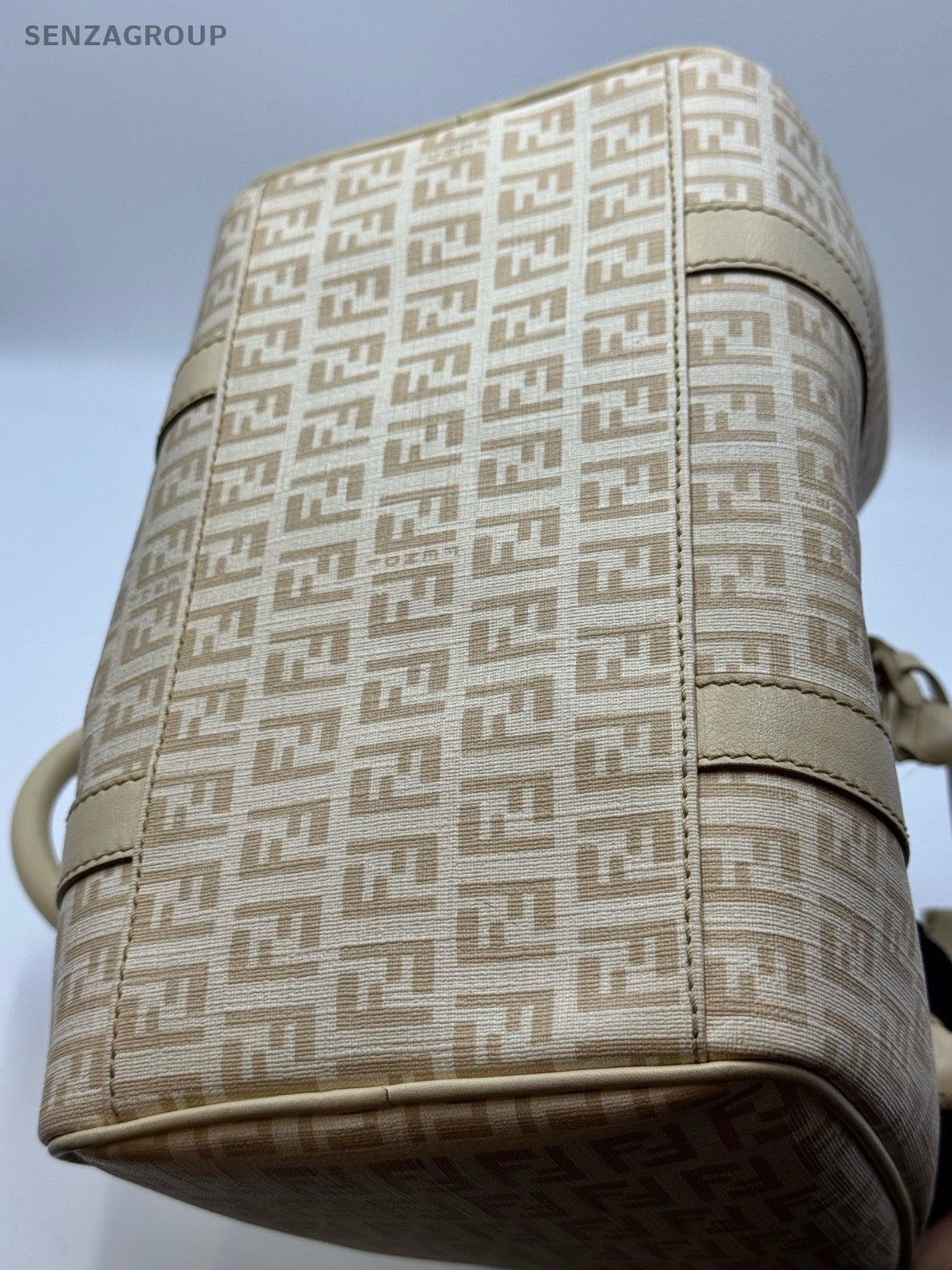 Fendi FF Boston Top Handle Bag Beige Gold Used Women Classic Fashion
