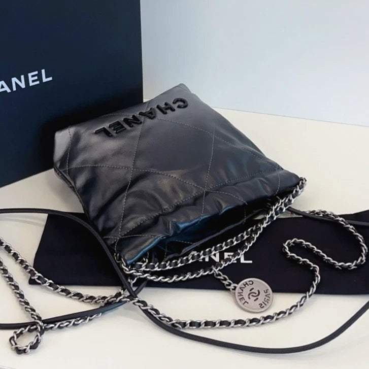 Chanel 22Bag Mini Chain Top Handle Shoulder Crossbody Black Silver Women Classic