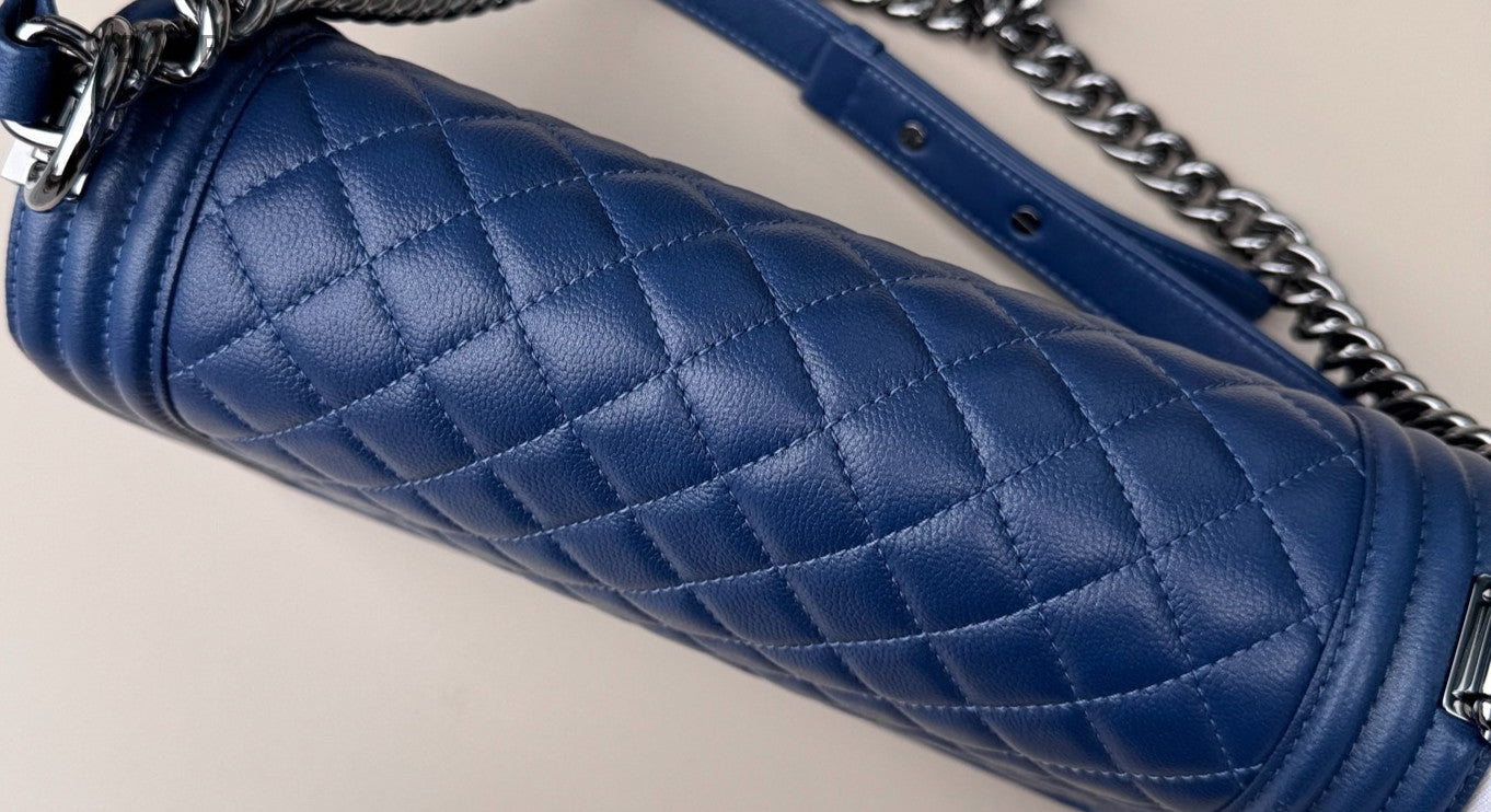 Chanel Leboy MM Chain Shoulder Bag Blue Silver Used Women Classic Designer