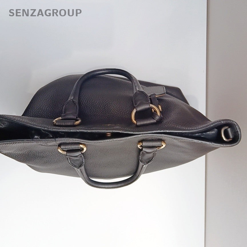 Prada Calfskin 2Way Handbag Crossbody Black Gold Used Women Classic Fashion