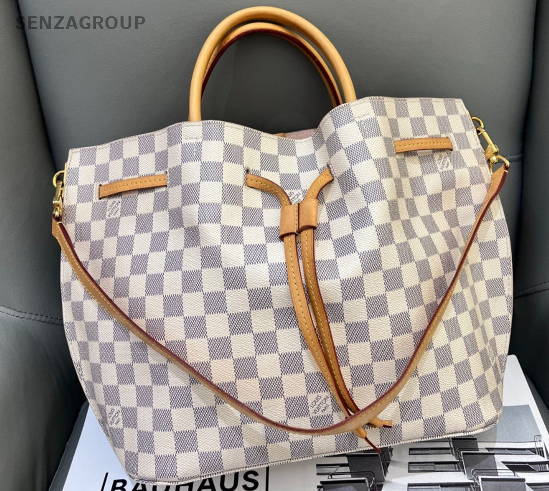 Louis Vuitton Girolata White Damier Azur Drawstring Bucket Top Handle Bag Brown