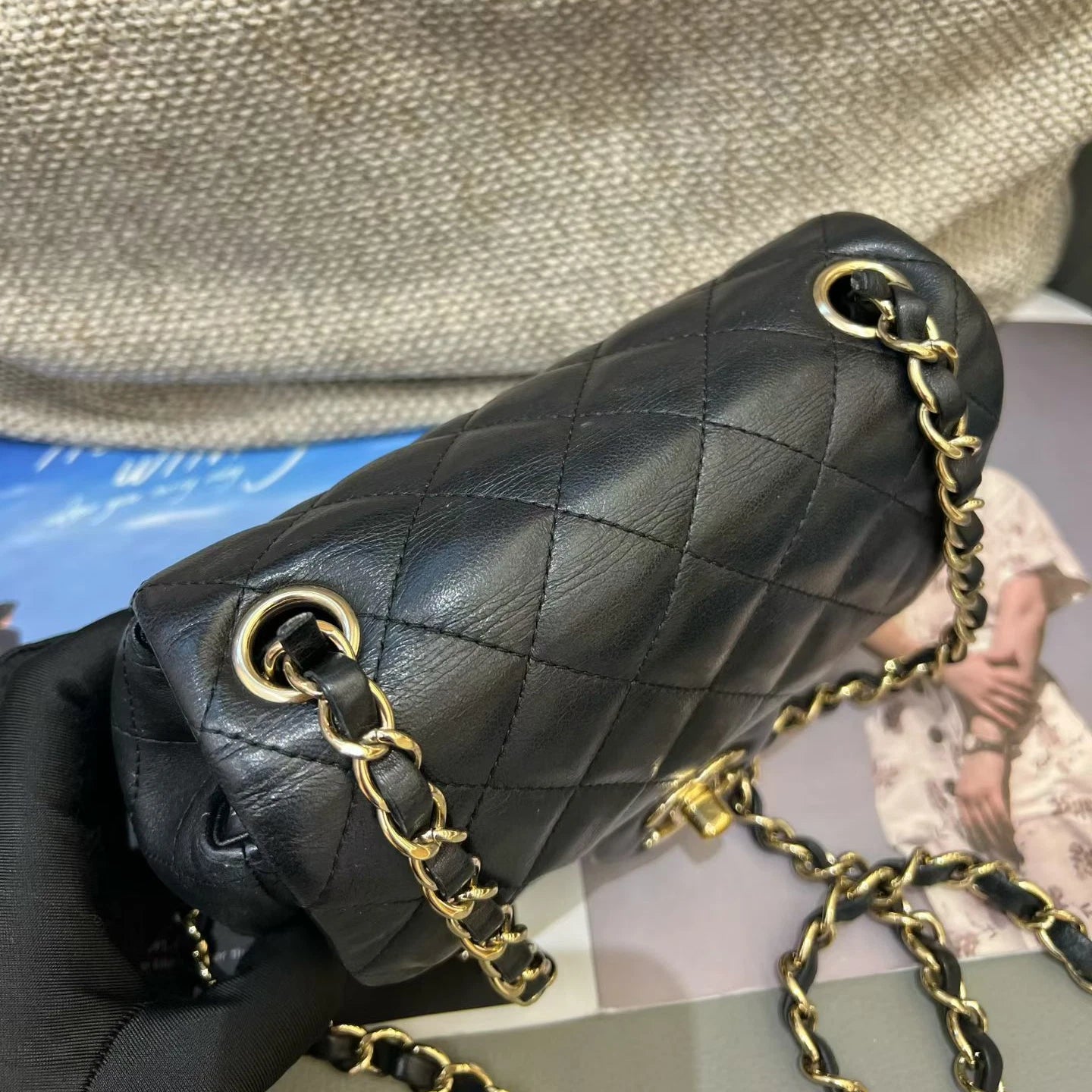 Chanel Classic Flap Chain Shoulder Crossbody Black Gold Diamond Women Fashion