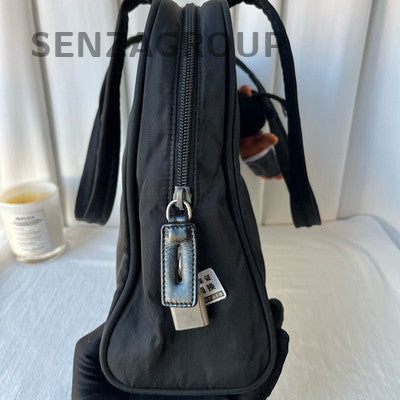 Prada Black Silver Nylon Classic Tote Shoulder Bag for Women