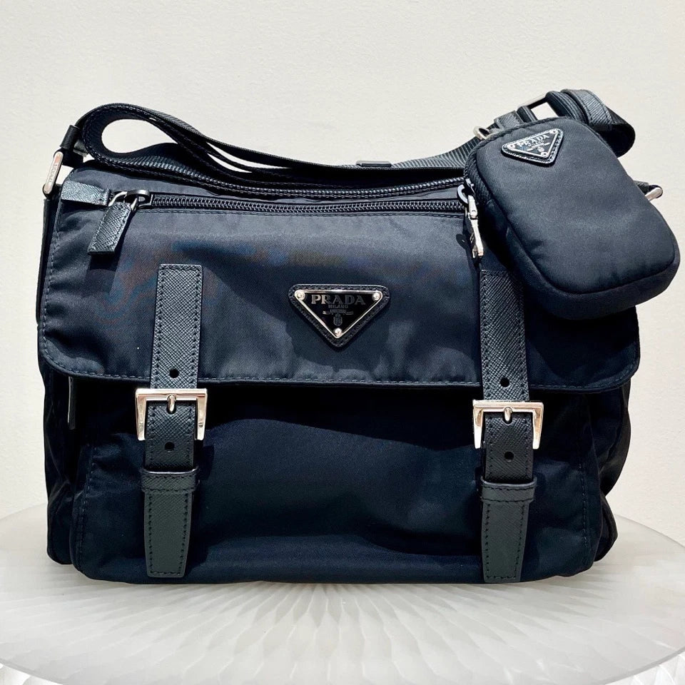 Prada Nylon Message Bag Shoulder Crossbody Bag Black Silver Hardware Unisex