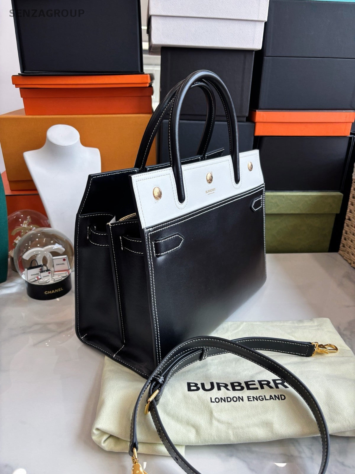 Burberry Title Tote Calfskin Top Handle 2way Shoulder Handbag Black White Women