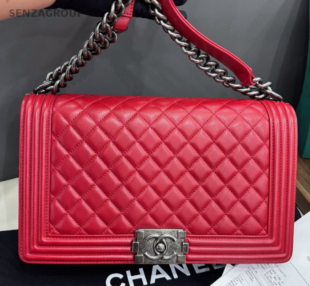 Chanel Leboy GM Chain Shoulder Bag Crossbody Red Silver Women Classic Fashion