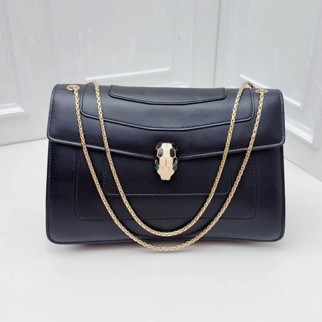 BVLGARI Serpenti Black Calf Leather Shoulder Bag Women Fashion