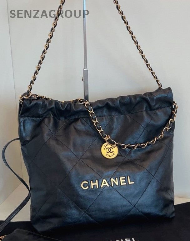Chanel 22Line PM Chain Shoulder Bag Black Gold Used Women Classic Designer