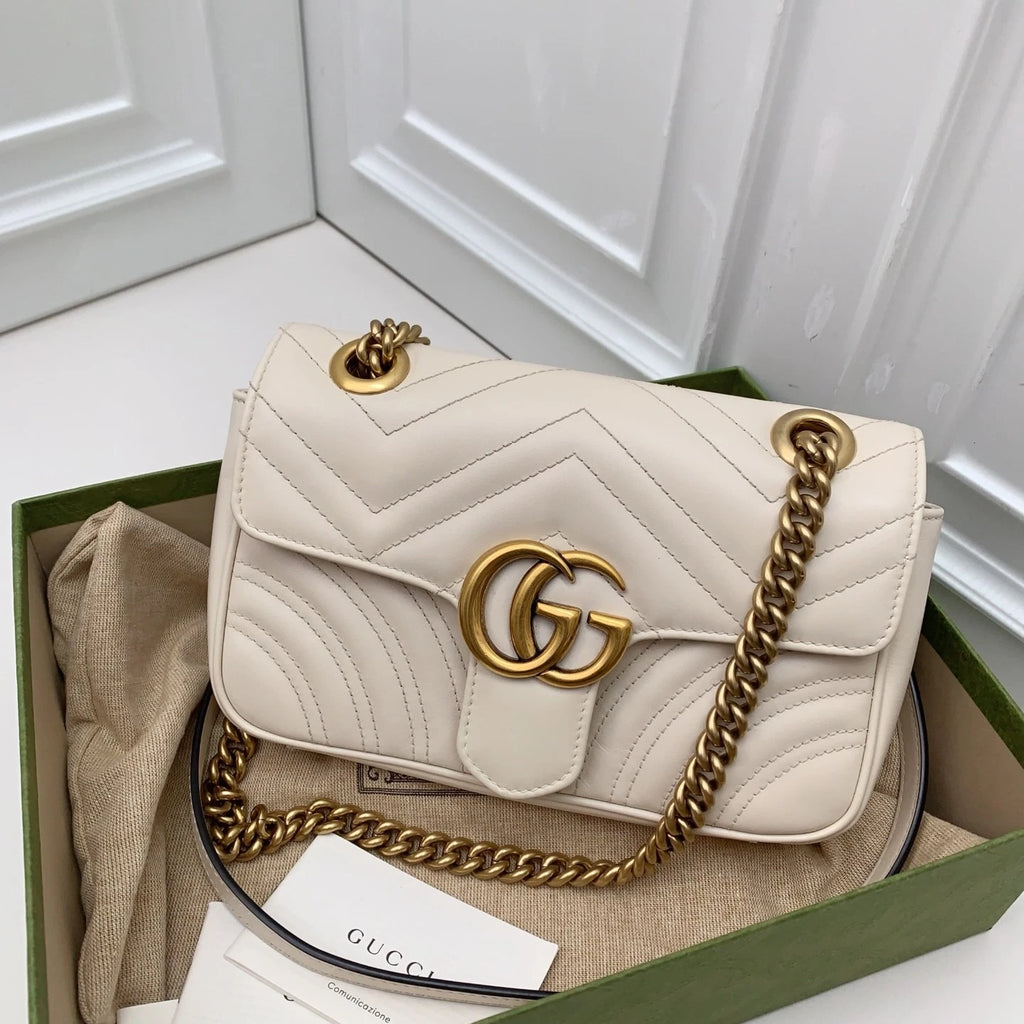 Gucci Marmont22 Chain Shoulder Bag Crossbody White Gold Women Classic