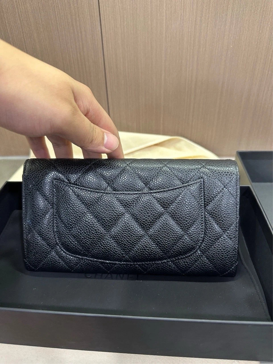 CHANEL Black Gold Grained Calfskin CF Long Chain Wallet For Women