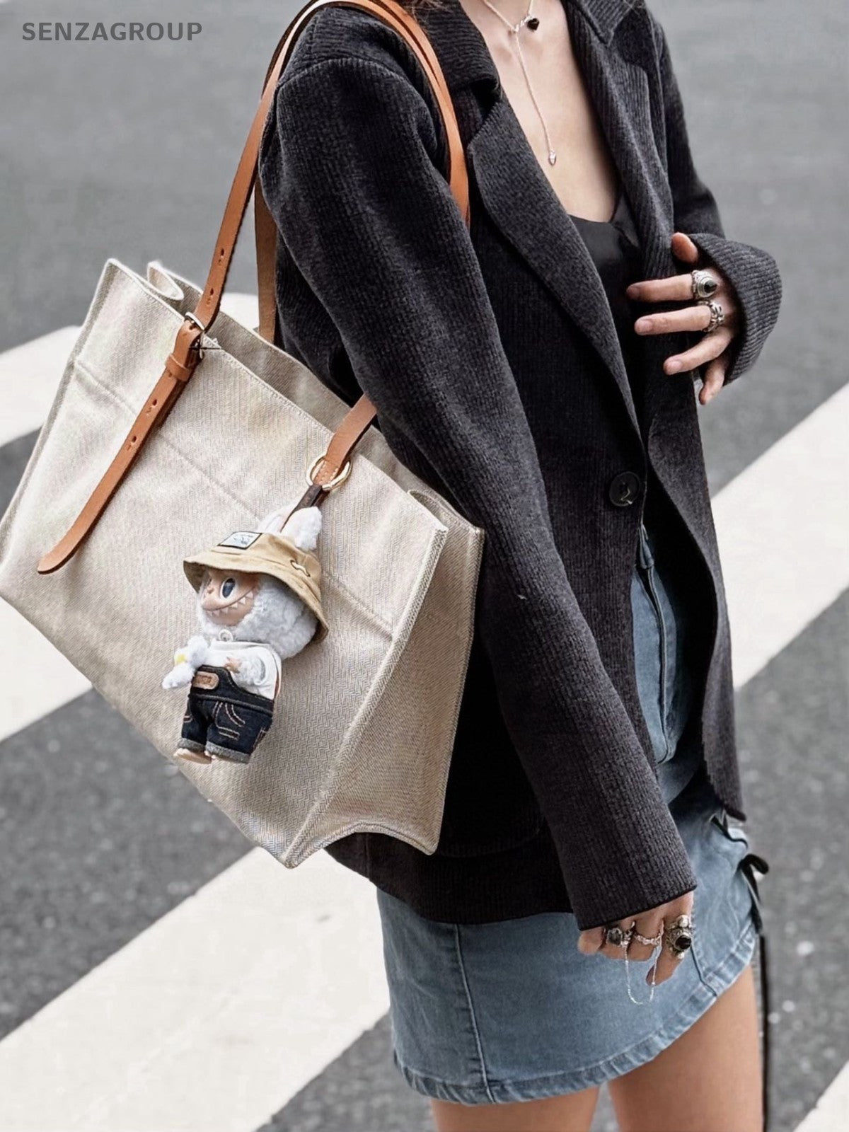 Hermes Etriviere Tote Beige Canvas with golden-brown leather shoulder strap