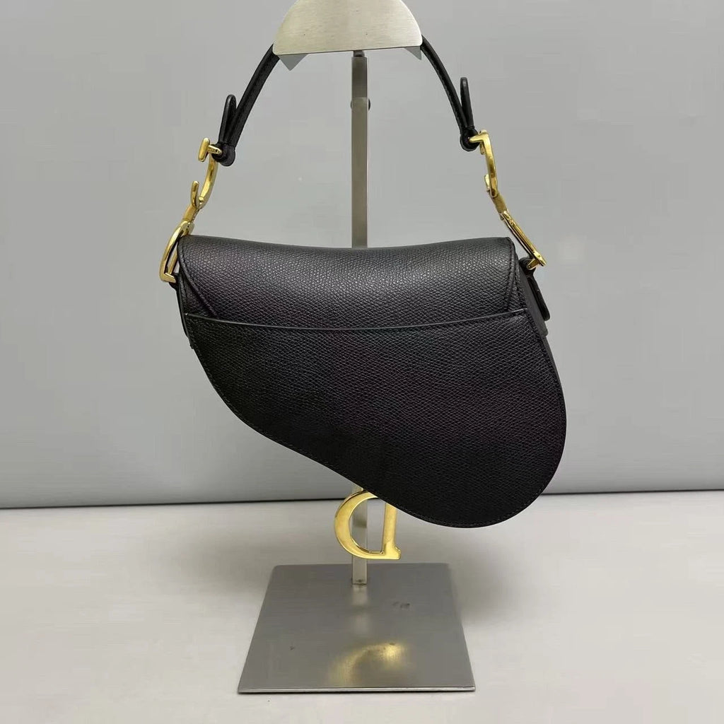 Christian Dior Saddle PM Shoulder Bag Black Gold Calfskin Women Classic