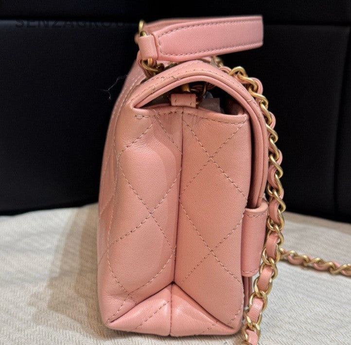 Chanel Diamond Chain Calfskin Shoulder Bag Crossbody Pink Gold Women Classic