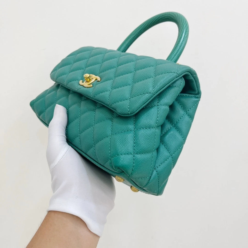 Chanel Cocohandle PM Calfskin Chain Top Handle Crossbody Green Gold Women
