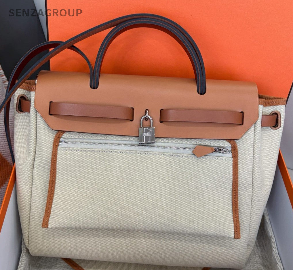 Hermes Herbag PM Canvas Top Handle Bag Crossbody White Silver Women Classic