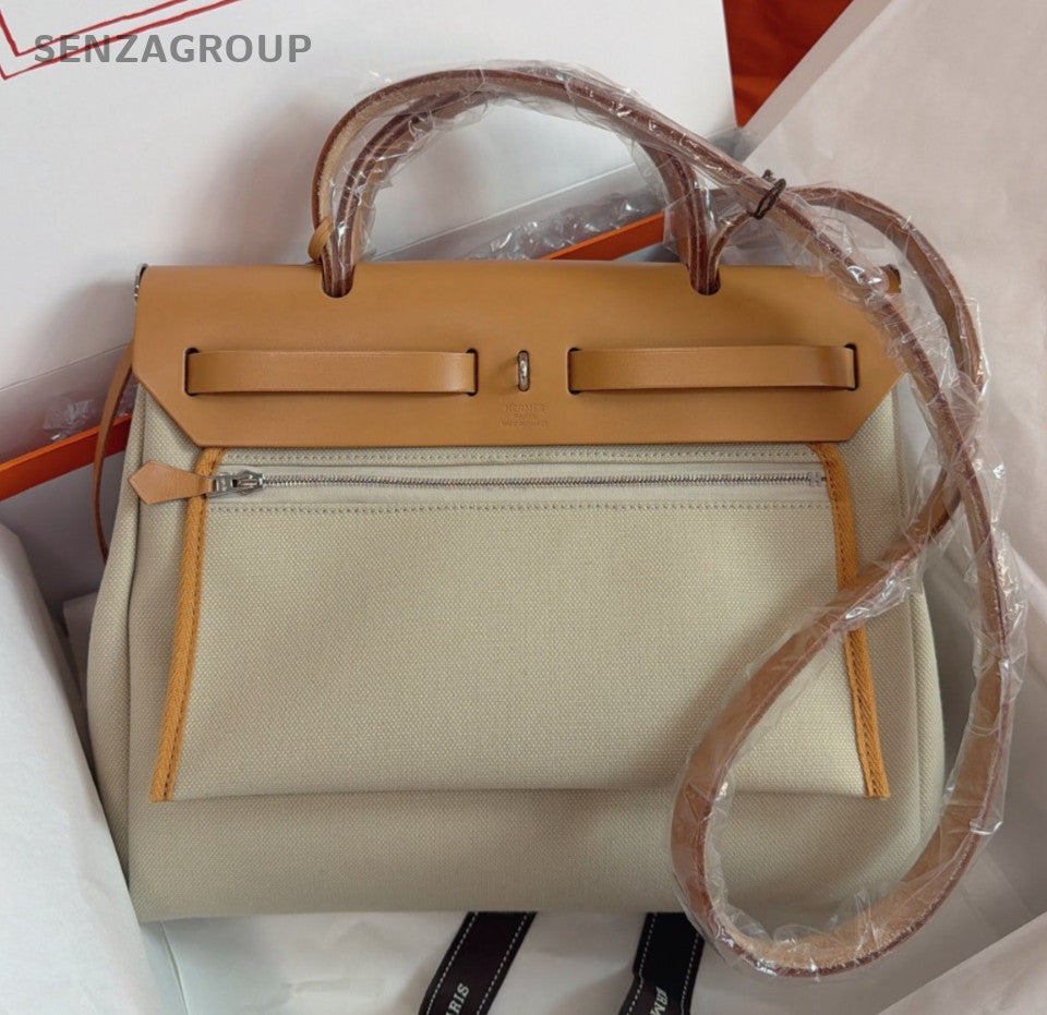 Hermes Herbag31 Top Handle Shoulder Crossbody White Brown Silver Women Classic