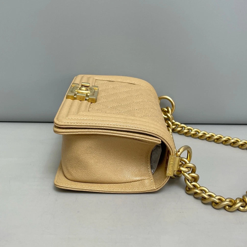Chanel Leboy PM Calfskin Chain Shoulder Bag Crossbody Beige Gold Women Classic