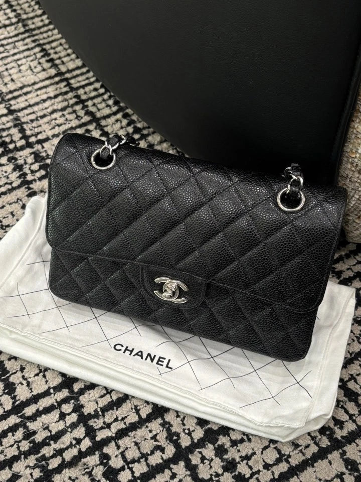 CHANEL Classic Flap Small Black Silver Shoulder Bag For Women
