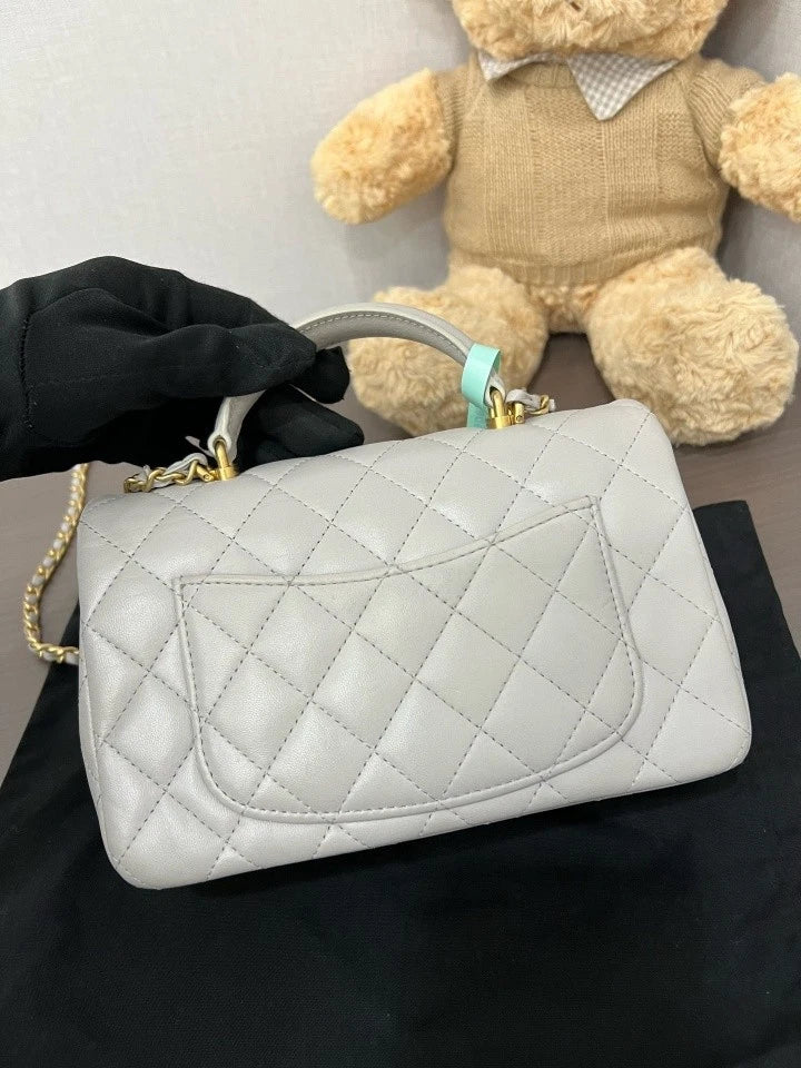 CHANEL Gray CF Handle Mini Leather Top Handle Shoulder Bag For Women