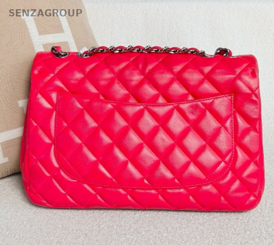 Chanel Classic Flap Jumbo Lambskin Chain Shoulder Crossbody Red Silver Women