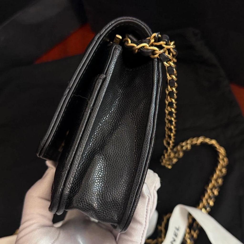 Chanel Classic Flap WOC Calfskin Chain Shoulder Crossbody Black Gold Women