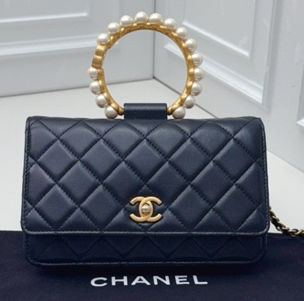 Chanel WOC Pearl Hand Strap Top Handle Chain Crossbody Black Gold Women Classic