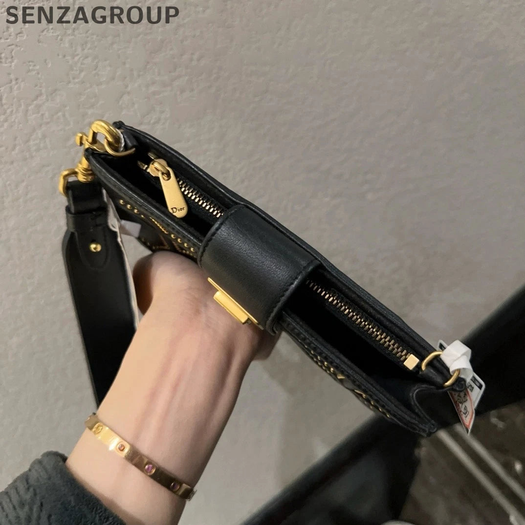 Dior Diorama Mini Black Gold Rivet Shield Crossbody Handbag For Women
